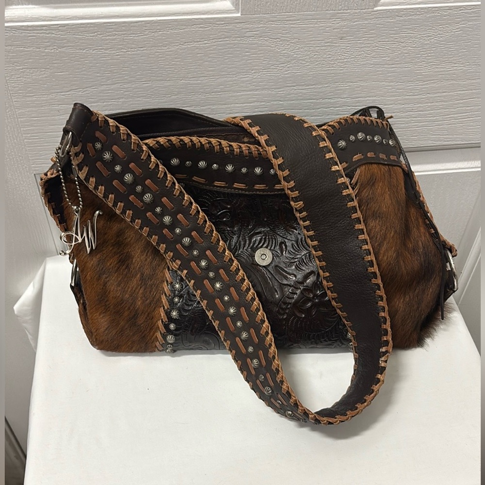 American West Vintage Studded Crossbody Messenger Leather Women Bag - Picture 12 of 16